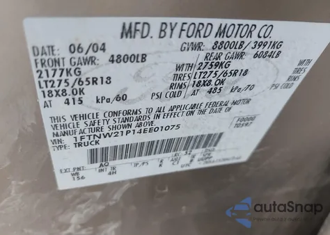 2004 Ford F-250 Lariat/Xl/Xlt z USA, uszkodzony, nr VIN 1FTNW21P14EE01075